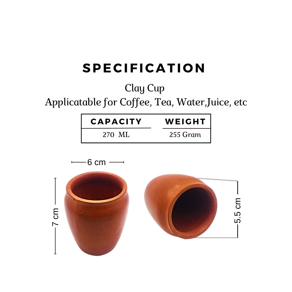 Premium Natural Clay Ceramic Cups Set - 6 Pack | 270ml Each