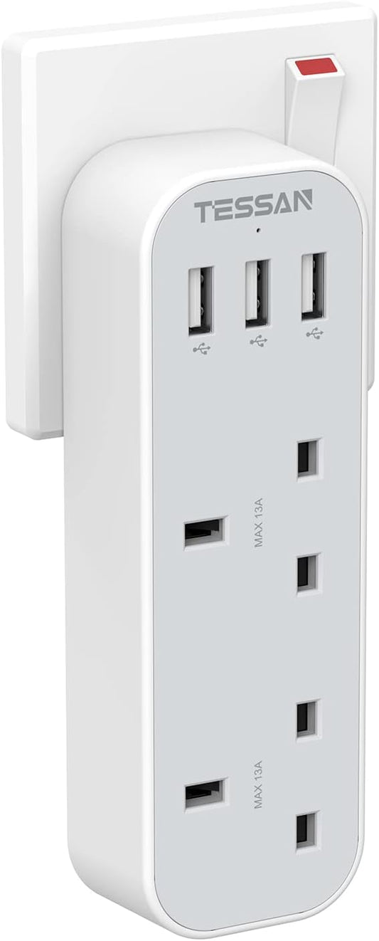 TESSAN Double Plug Adaptor with 3 USB, 2 Way Multi Plugs Extension Adapter, 13A UK 3 Pin Wall Charger Sockets Power Extender for Home, Kitchen, Office, School Supplies