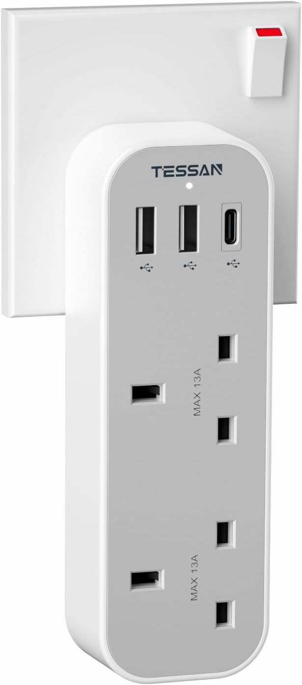 TESSAN Double Plug Adaptor with 3 USB, 2 Way Multi Plugs Extension Adapter, 13A UK 3 Pin Wall Charger Sockets Power Extender for Home, Kitchen, Office, School Supplies