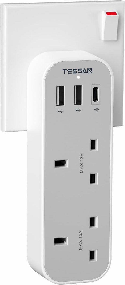 TESSAN Double Plug Adaptor with 3 USB, 2 Way Multi Plugs Extension Adapter, 13A UK 3 Pin Wall Charger Sockets Power Extender for Home, Kitchen, Office, School Supplies