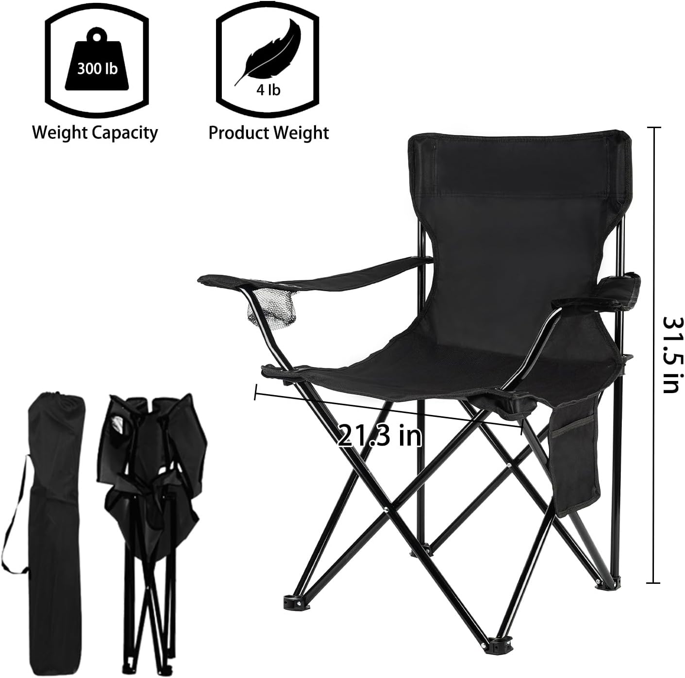 Damei century Portable Camping Chair, Casual Folding Chair, Black, 4lbs, Supports 300lbs, Ideal for Camping, Tailgating, Sports Events