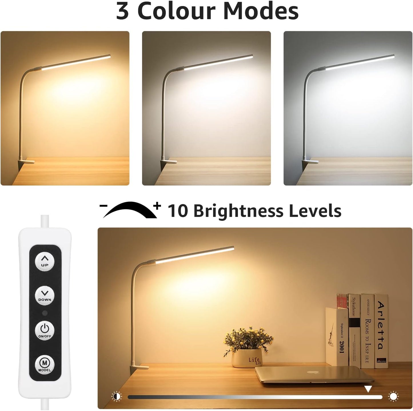 Lepro Desk Lamp Clip on Desk Light, for home office, 10 Brightness, 460 lumens, Dimmable USB Clamp Lamp, Adjustable Flexible Gooseneck Table Light for reading, study lamp for students, Black