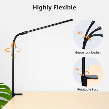 Lepro Desk Lamp Clip on Desk Light, for home office, 10 Brightness, 460 lumens, Dimmable USB Clamp Lamp, Adjustable Flexible Gooseneck Table Light for reading, study lamp for students, Black