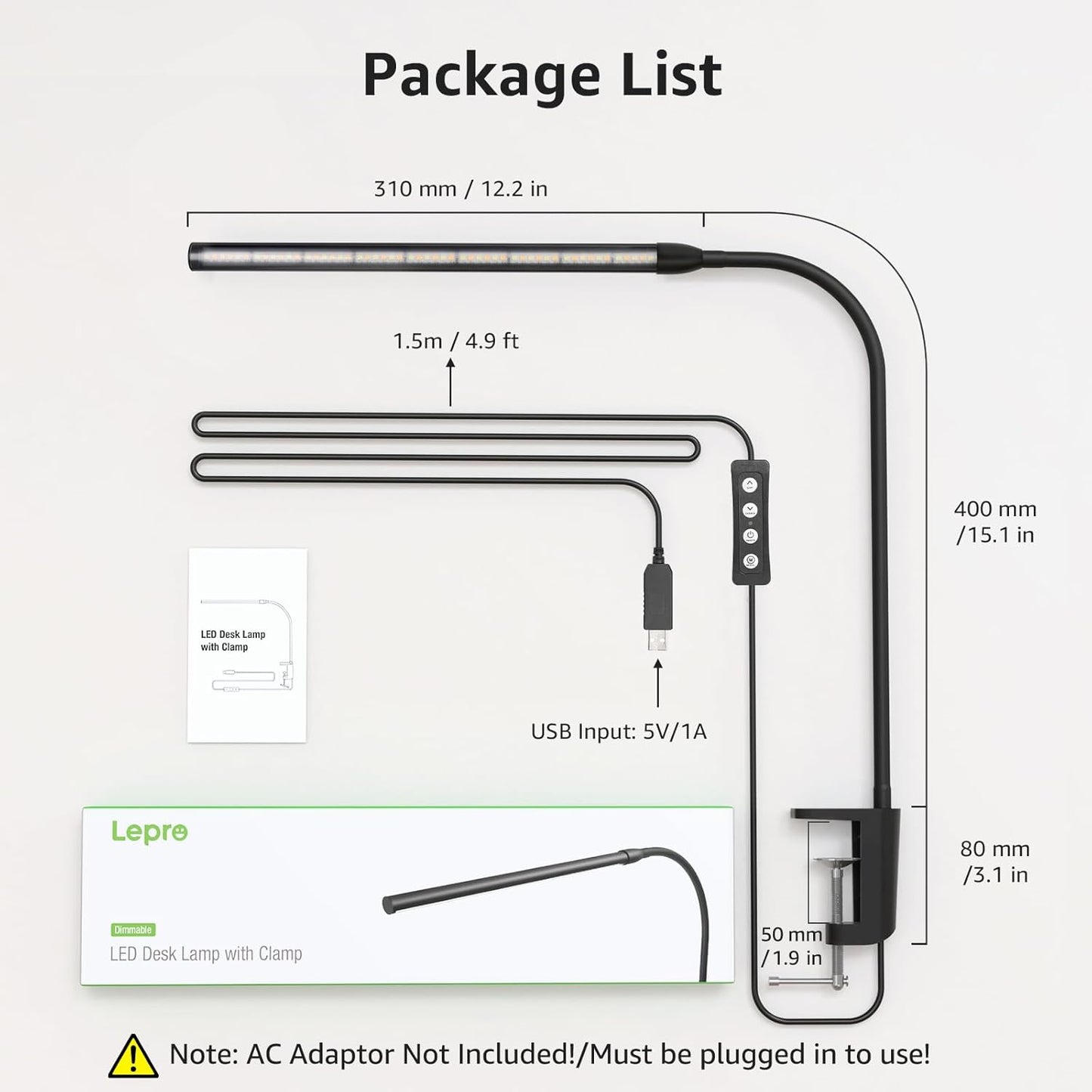 Lepro Desk Lamp Clip on Desk Light, for home office, 10 Brightness, 460 lumens, Dimmable USB Clamp Lamp, Adjustable Flexible Gooseneck Table Light for reading, study lamp for students, Black