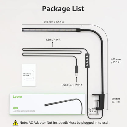 Lepro Desk Lamp Clip on Desk Light, for home office, 10 Brightness, 460 lumens, Dimmable USB Clamp Lamp, Adjustable Flexible Gooseneck Table Light for reading, study lamp for students, Black