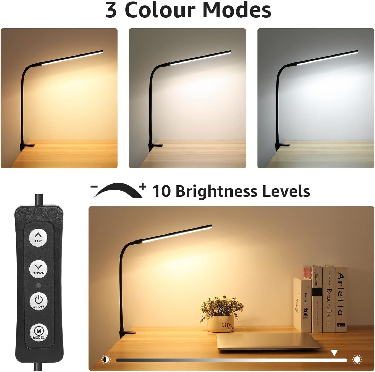 Lepro Desk Lamp Clip on Desk Light, for home office, 10 Brightness, 460 lumens, Dimmable USB Clamp Lamp, Adjustable Flexible Gooseneck Table Light for reading, study lamp for students, Black