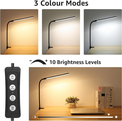 Lepro Desk Lamp Clip on Desk Light, for home office, 10 Brightness, 460 lumens, Dimmable USB Clamp Lamp, Adjustable Flexible Gooseneck Table Light for reading, study lamp for students, Black