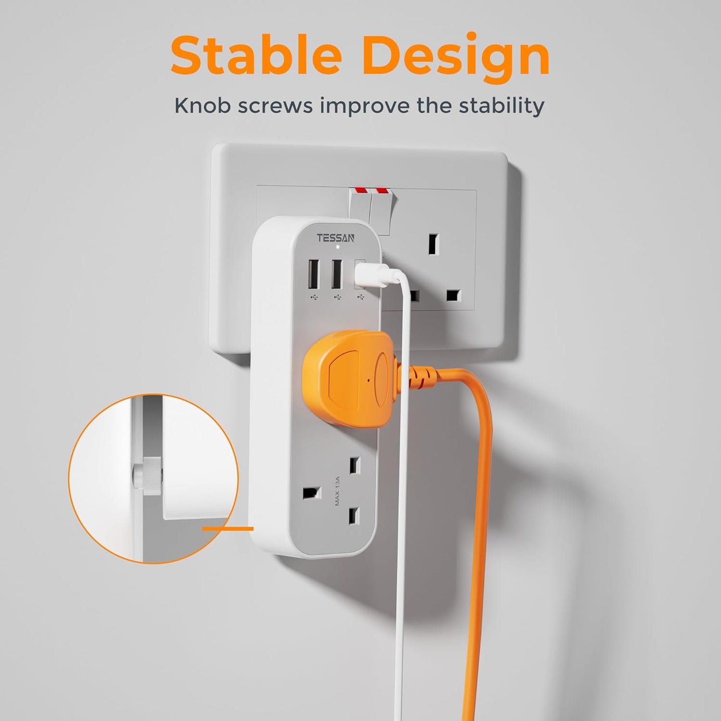 TESSAN Double Plug Adaptor with 3 USB, 2 Way Multi Plugs Extension Adapter, 13A UK 3 Pin Wall Charger Sockets Power Extender for Home, Kitchen, Office, School Supplies