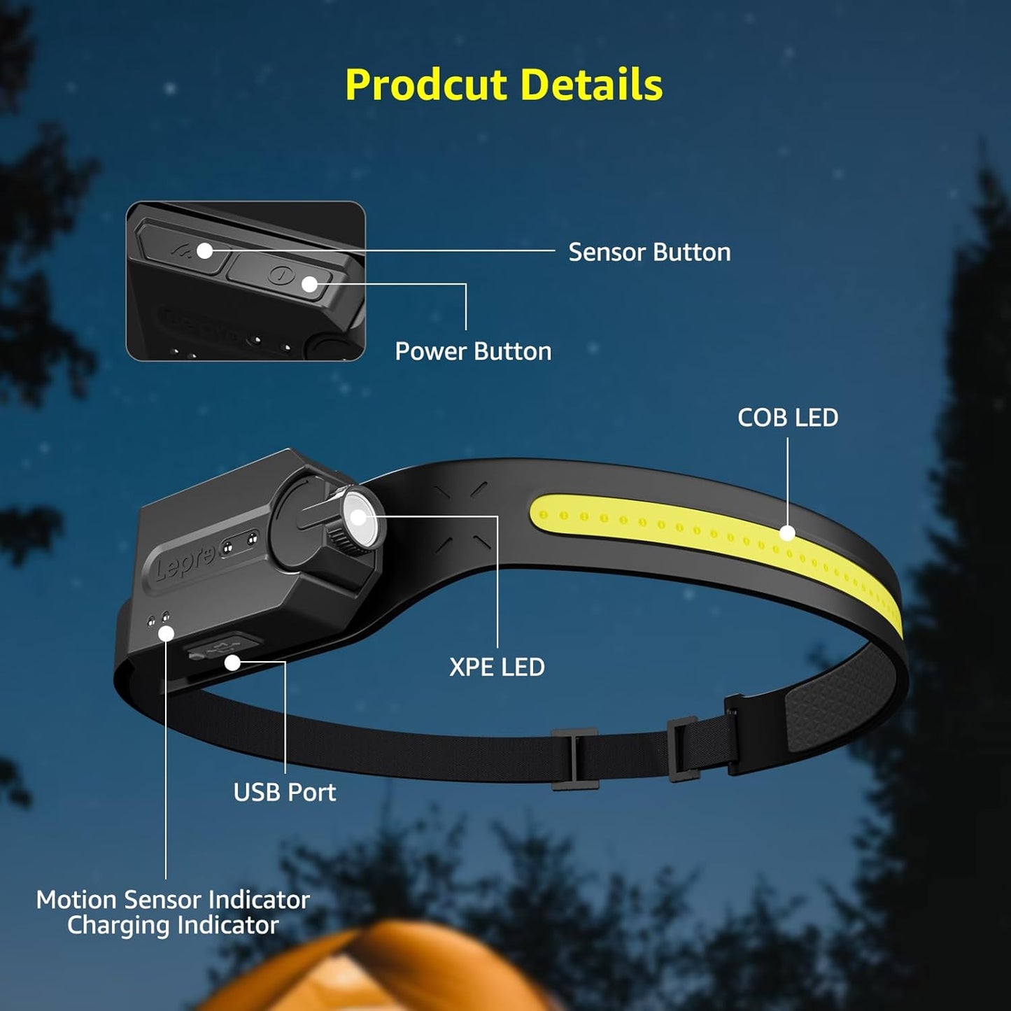 Lepro LED Headlamp Rechargeable - Super Bright Head lamp with Motion Sensor, 230° Wide Beam & Adjustable Spotlight, Waterproof Headlight for Camping, Hiking, Running, Hurricane, Power Outrage, 2 Pack