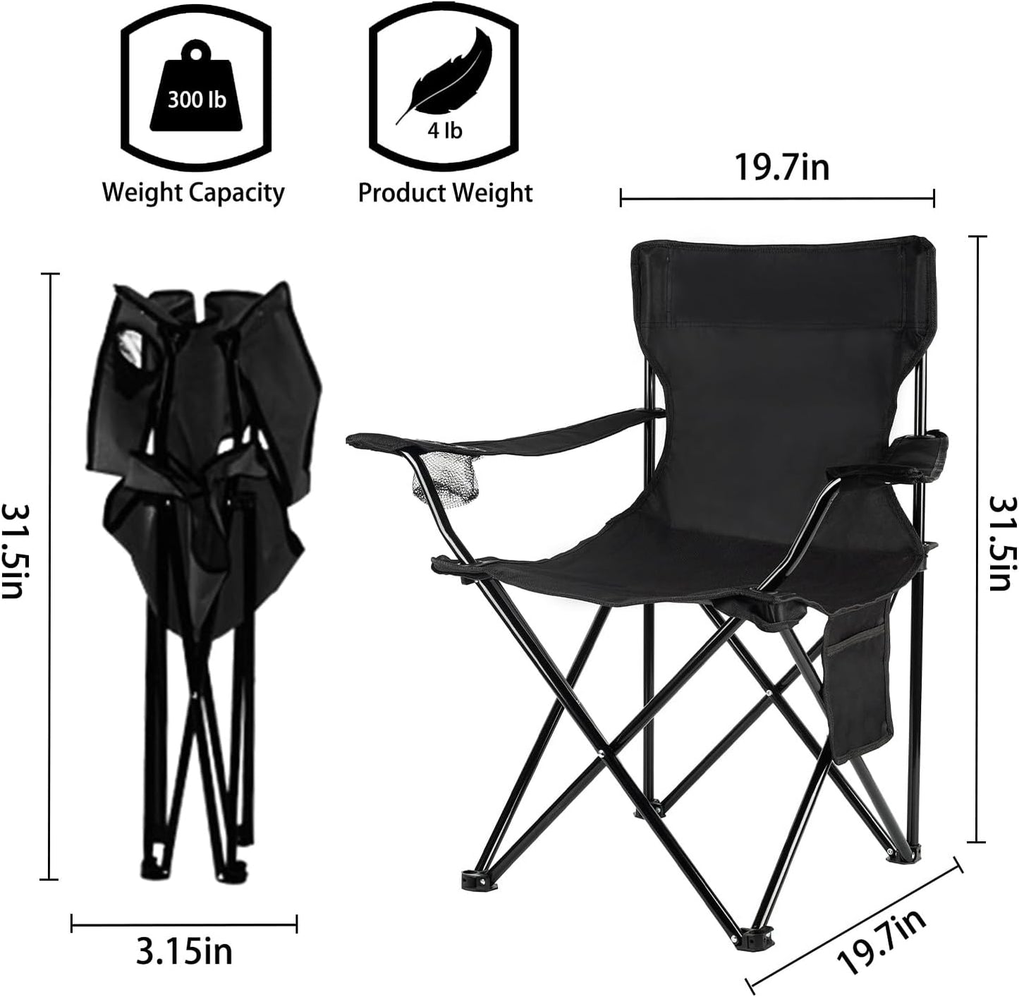 Damei century Portable Camping Chair, Casual Folding Chair, Black, 4lbs, Supports 300lbs, Ideal for Camping, Tailgating, Sports Events