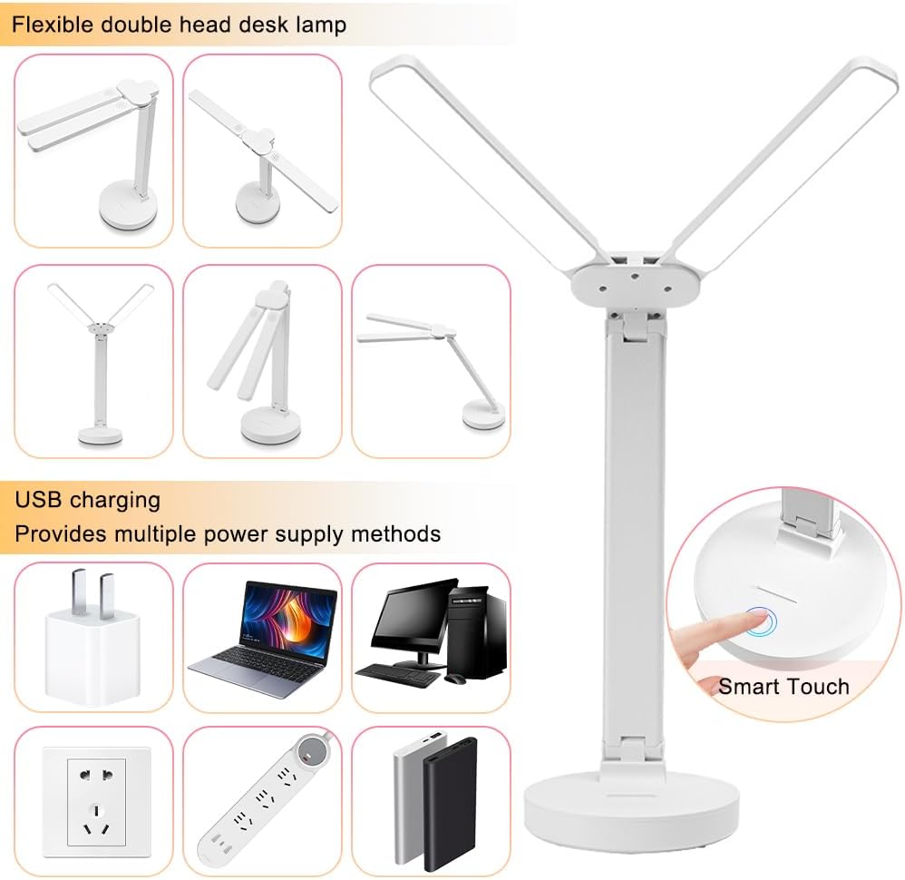 Necomi LED Desk Lamp, Table Lamp For Computer/Desktop, Rechargeable, Eye-Caring, Touch Control With USB Charging Port for Reading, Study Lamp for Kids, Home, Office White [Amazon Exclusive]
