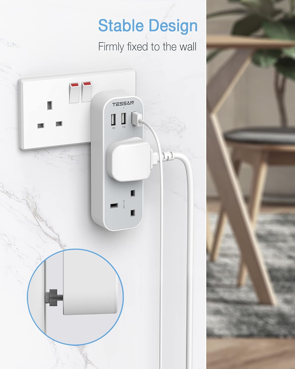TESSAN Double Plug Adaptor with 3 USB, 2 Way Multi Plugs Extension Adapter, 13A UK 3 Pin Wall Charger Sockets Power Extender for Home, Kitchen, Office, School Supplies