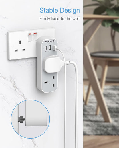 TESSAN Double Plug Adaptor with 3 USB, 2 Way Multi Plugs Extension Adapter, 13A UK 3 Pin Wall Charger Sockets Power Extender for Home, Kitchen, Office, School Supplies