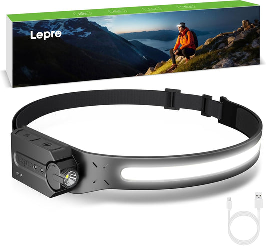 Lepro LED Headlamp Rechargeable - Super Bright Head lamp with Motion Sensor, 230° Wide Beam & Adjustable Spotlight, Waterproof Headlight for Camping, Hiking, Running, Hurricane, Power Outrage, 2 Pack