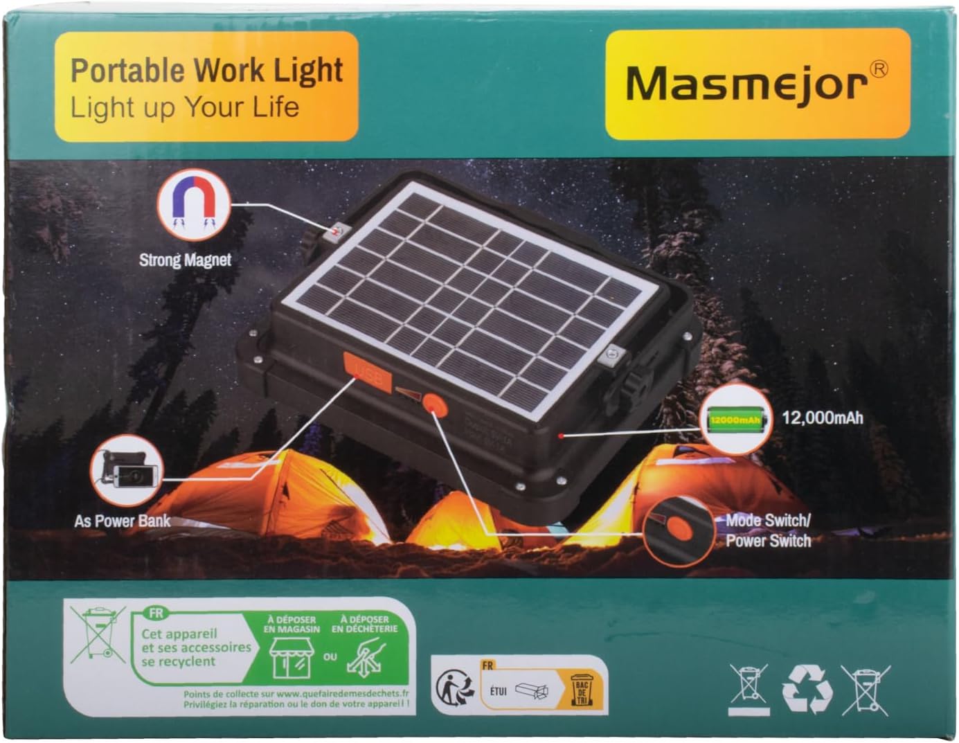 Masmejor Rechargeable Work Light, Portable Led Work Solar Light 100W 12000mAh 336Led IP53 with Job Site Battery LED Work Light for Power Failure Emergency Worklight Car Repair Camping Fishing