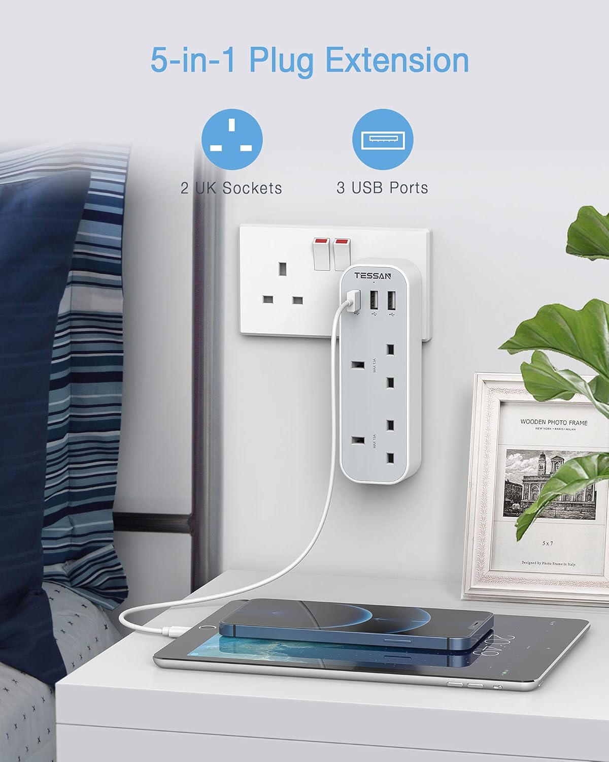 TESSAN Double Plug Adaptor with 3 USB, 2 Way Multi Plugs Extension Adapter, 13A UK 3 Pin Wall Charger Sockets Power Extender for Home, Kitchen, Office, School Supplies