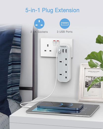 TESSAN Double Plug Adaptor with 3 USB, 2 Way Multi Plugs Extension Adapter, 13A UK 3 Pin Wall Charger Sockets Power Extender for Home, Kitchen, Office, School Supplies