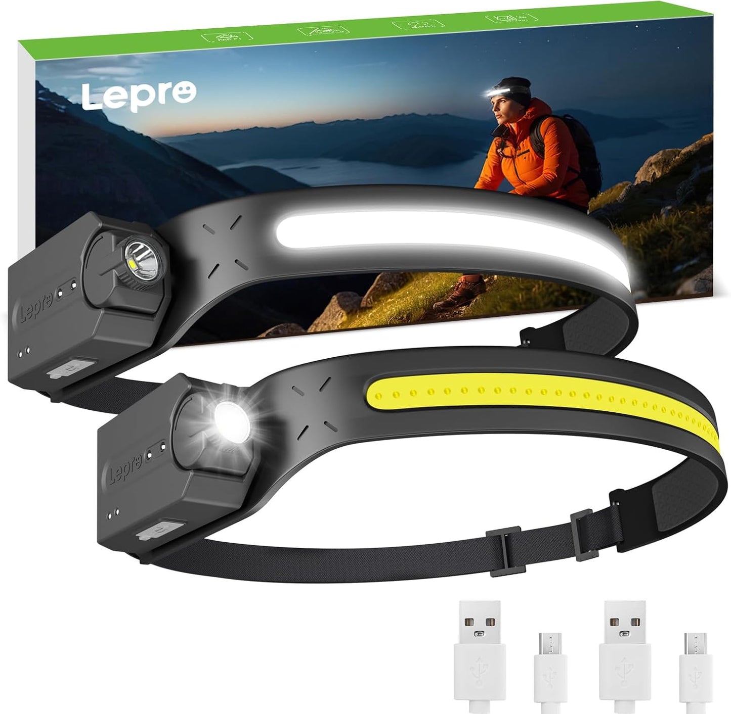 Lepro LED Headlamp Rechargeable - Super Bright Head lamp with Motion Sensor, 230° Wide Beam & Adjustable Spotlight, Waterproof Headlight for Camping, Hiking, Running, Hurricane, Power Outrage, 2 Pack