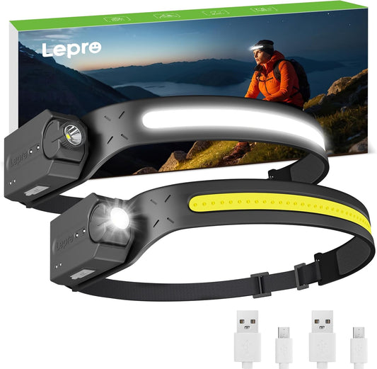 Lepro LED Headlamp Rechargeable - Super Bright Head lamp with Motion Sensor, 230° Wide Beam & Adjustable Spotlight, Waterproof Headlight for Camping, Hiking, Running, Hurricane, Power Outrage, 2 Pack