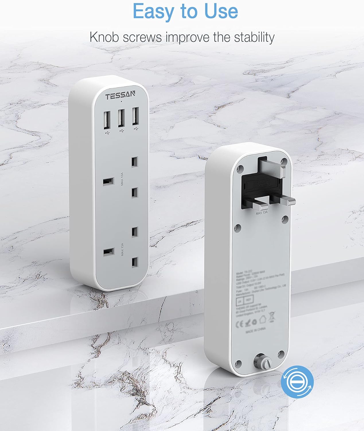 TESSAN Double Plug Adaptor with 3 USB, 2 Way Multi Plugs Extension Adapter, 13A UK 3 Pin Wall Charger Sockets Power Extender for Home, Kitchen, Office, School Supplies