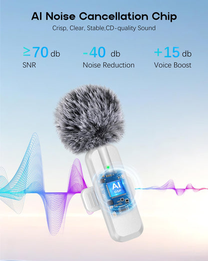 Wireless Mini Microphone for iPhone - 2 Pack Lavalier bluetooth Microphone for Video Recording, 2 In 1 Noise Reduction Lapel Mic for Ipad, Android, Clip-on Mini Mic for Tiktok Youtube Vlog Podcast