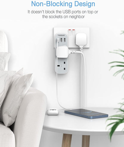 TESSAN Double Plug Adaptor with 3 USB, 2 Way Multi Plugs Extension Adapter, 13A UK 3 Pin Wall Charger Sockets Power Extender for Home, Kitchen, Office, School Supplies