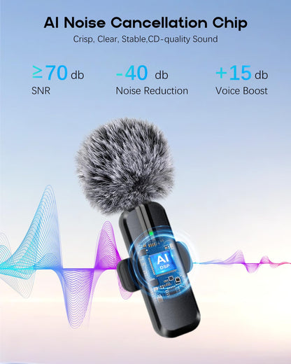Wireless Mini Microphone for iPhone - 2 Pack Lavalier bluetooth Microphone for Video Recording, 2 In 1 Noise Reduction Lapel Mic for Ipad, Android, Clip-on Mini Mic for Tiktok Youtube Vlog Podcast