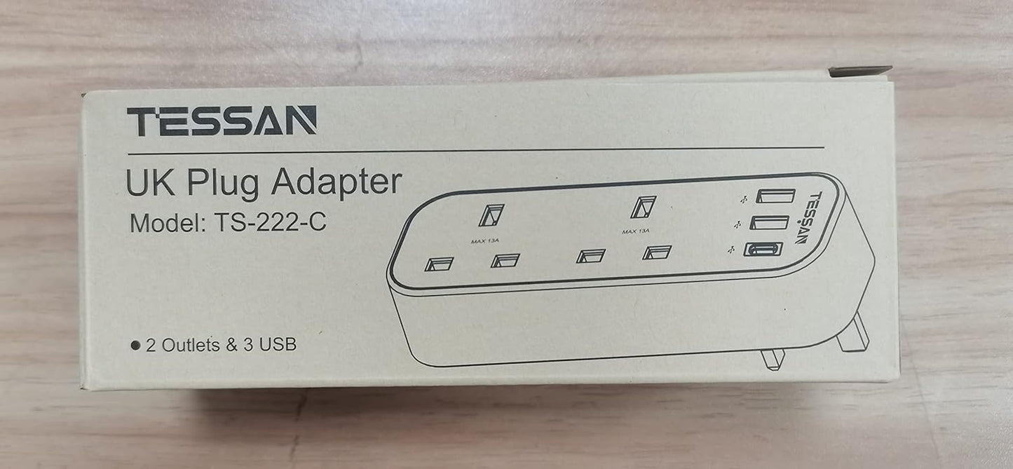 TESSAN Double Plug Adaptor with 3 USB, 2 Way Multi Plugs Extension Adapter, 13A UK 3 Pin Wall Charger Sockets Power Extender for Home, Kitchen, Office, School Supplies