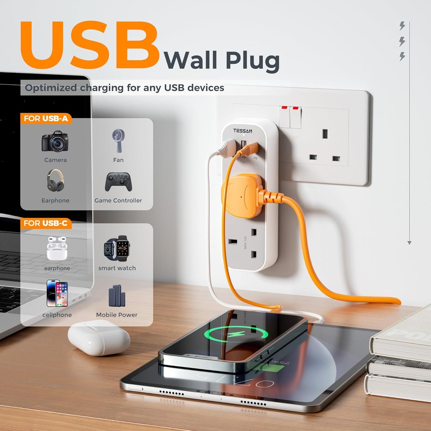 TESSAN Double Plug Adaptor with 3 USB, 2 Way Multi Plugs Extension Adapter, 13A UK 3 Pin Wall Charger Sockets Power Extender for Home, Kitchen, Office, School Supplies