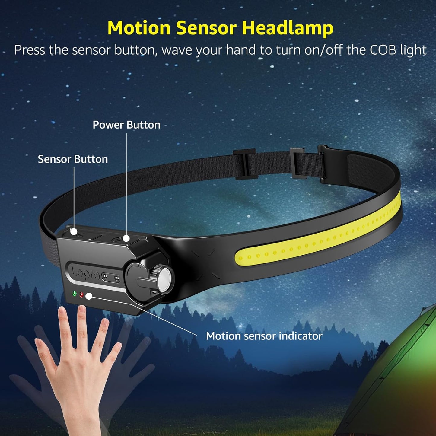 Lepro LED Headlamp Rechargeable - Super Bright Head lamp with Motion Sensor, 230° Wide Beam & Adjustable Spotlight, Waterproof Headlight for Camping, Hiking, Running, Hurricane, Power Outrage, 2 Pack