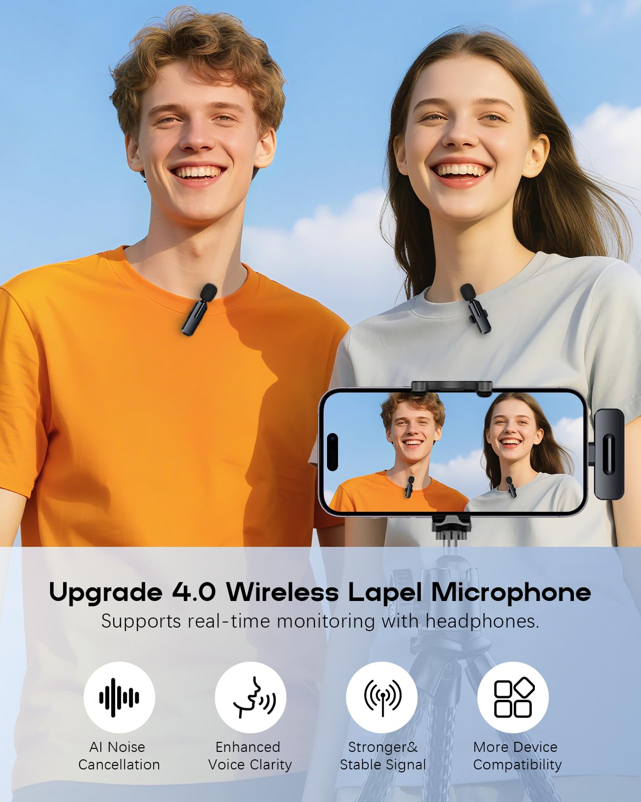 Wireless Mini Microphone for iPhone - 2 Pack Lavalier bluetooth Microphone for Video Recording, 2 In 1 Noise Reduction Lapel Mic for Ipad, Android, Clip-on Mini Mic for Tiktok Youtube Vlog Podcast