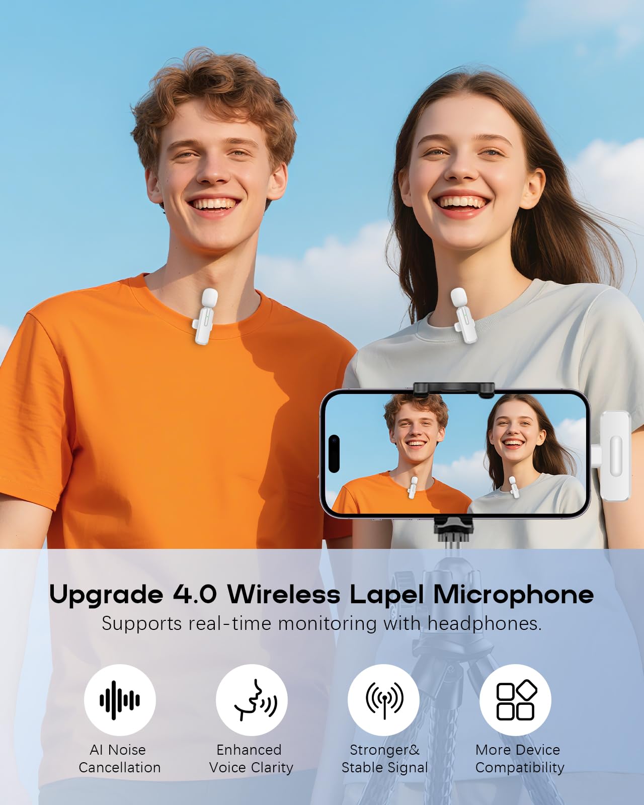 Wireless Mini Microphone for iPhone - 2 Pack Lavalier bluetooth Microphone for Video Recording, 2 In 1 Noise Reduction Lapel Mic for Ipad, Android, Clip-on Mini Mic for Tiktok Youtube Vlog Podcast