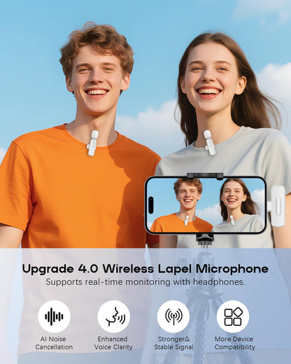 Wireless Mini Microphone for iPhone - 2 Pack Lavalier bluetooth Microphone for Video Recording, 2 In 1 Noise Reduction Lapel Mic for Ipad, Android, Clip-on Mini Mic for Tiktok Youtube Vlog Podcast