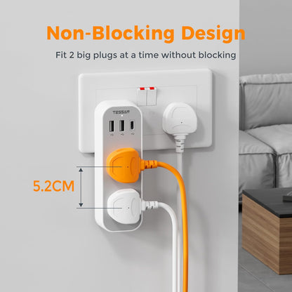 TESSAN Double Plug Adaptor with 3 USB, 2 Way Multi Plugs Extension Adapter, 13A UK 3 Pin Wall Charger Sockets Power Extender for Home, Kitchen, Office, School Supplies