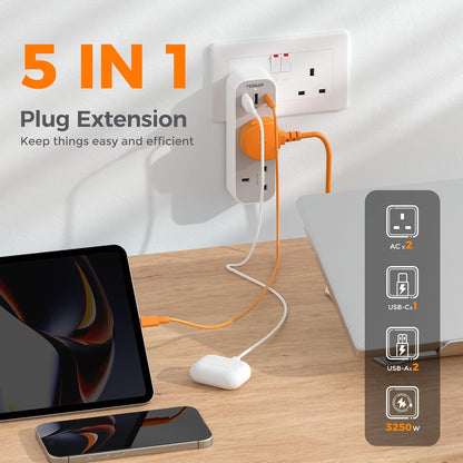 TESSAN Double Plug Adaptor with 3 USB, 2 Way Multi Plugs Extension Adapter, 13A UK 3 Pin Wall Charger Sockets Power Extender for Home, Kitchen, Office, School Supplies