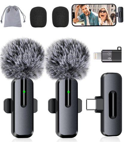 Wireless Mini Microphone for iPhone - 2 Pack Lavalier bluetooth Microphone for Video Recording, 2 In 1 Noise Reduction Lapel Mic for Ipad, Android, Clip-on Mini Mic for Tiktok Youtube Vlog Podcast