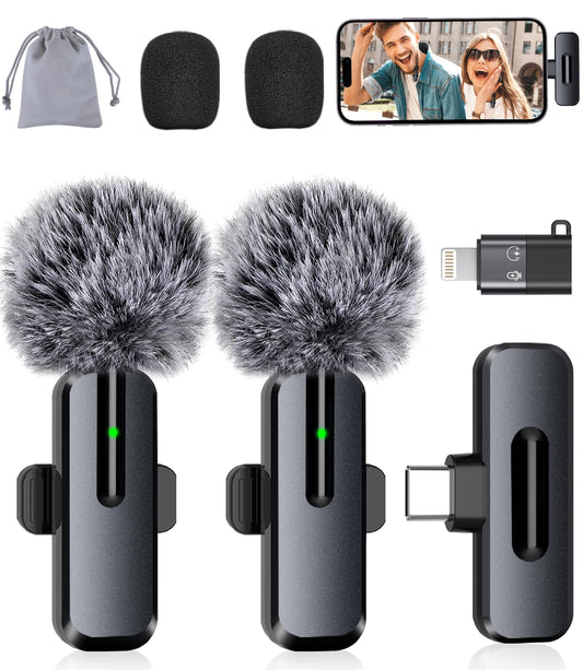 Wireless Mini Microphone for iPhone - 2 Pack Lavalier bluetooth Microphone for Video Recording, 2 In 1 Noise Reduction Lapel Mic for Ipad, Android, Clip-on Mini Mic for Tiktok Youtube Vlog Podcast