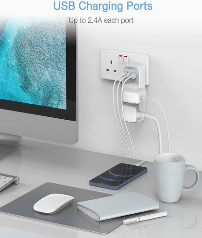 TESSAN Double Plug Adaptor with 3 USB, 2 Way Multi Plugs Extension Adapter, 13A UK 3 Pin Wall Charger Sockets Power Extender for Home, Kitchen, Office, School Supplies