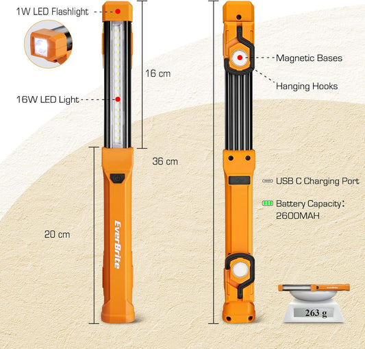 EverBrite 1000LM LED Work Light, Rechargeable Work Light for Mechanics with Dual Magnetic Bases&Hanging Hooks, 4 Lighting Modes, USB C Cable, Ideal Gift for Car Repair, Working, Pack of 2
