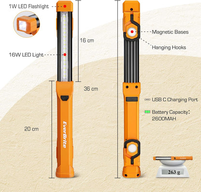 EverBrite 1000LM LED Work Light, Rechargeable Work Light for Mechanics with Dual Magnetic Bases&Hanging Hooks, 4 Lighting Modes, USB C Cable, Ideal Gift for Car Repair, Working, Pack of 2