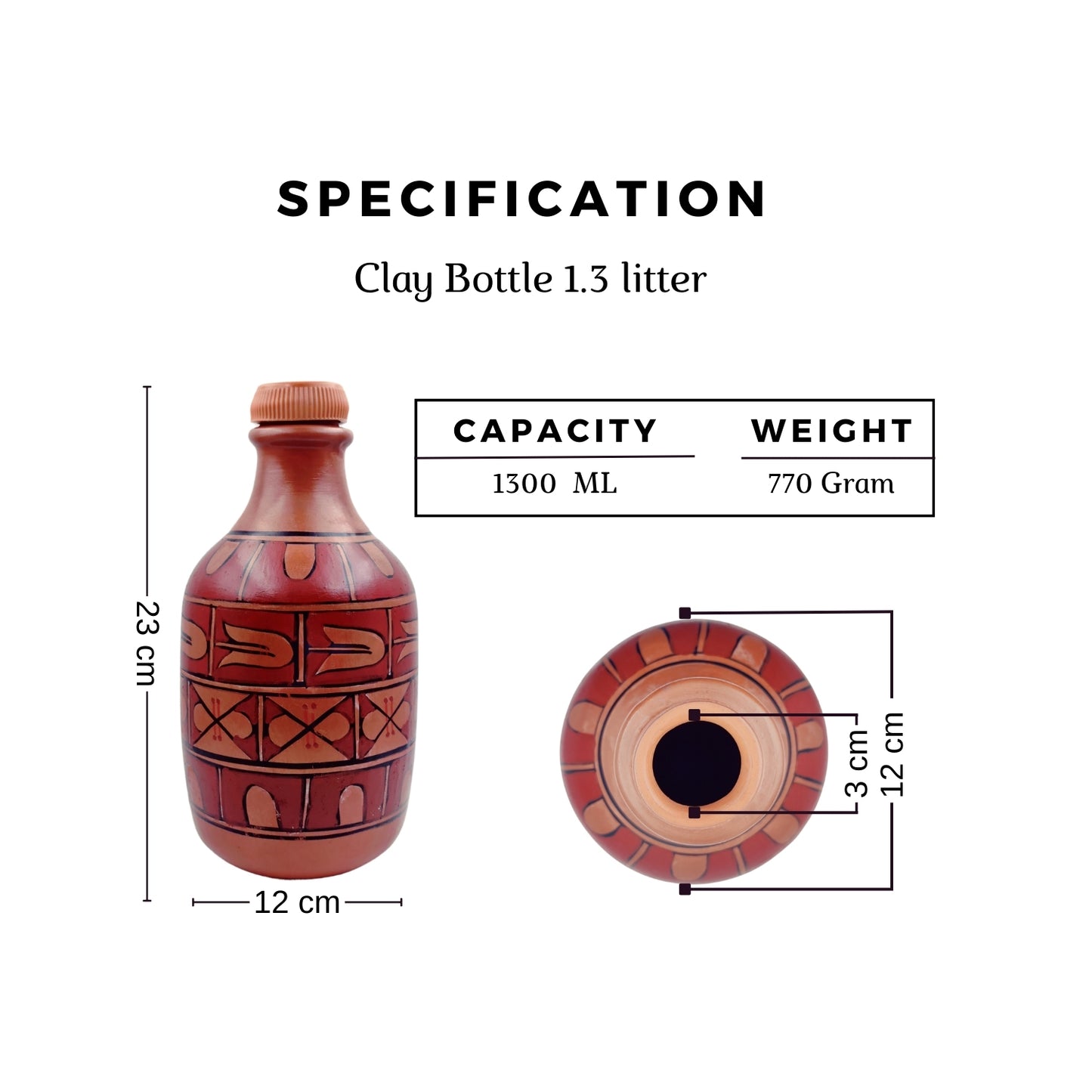 Traditional Handcrafted Clay Water Bottle - 1.3L Natural Terracotta