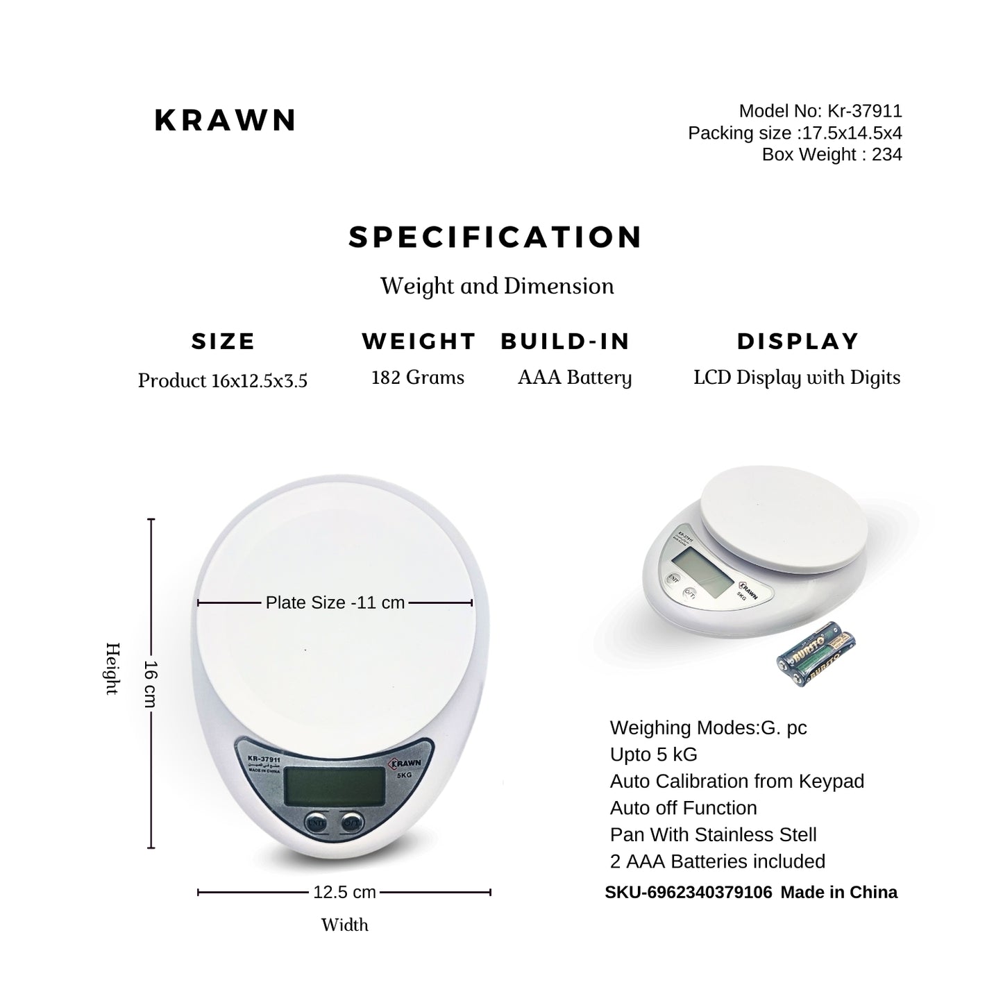 KRAWN 5KG Precision Kitchen Scale - ميزان مطبخ KR-37911