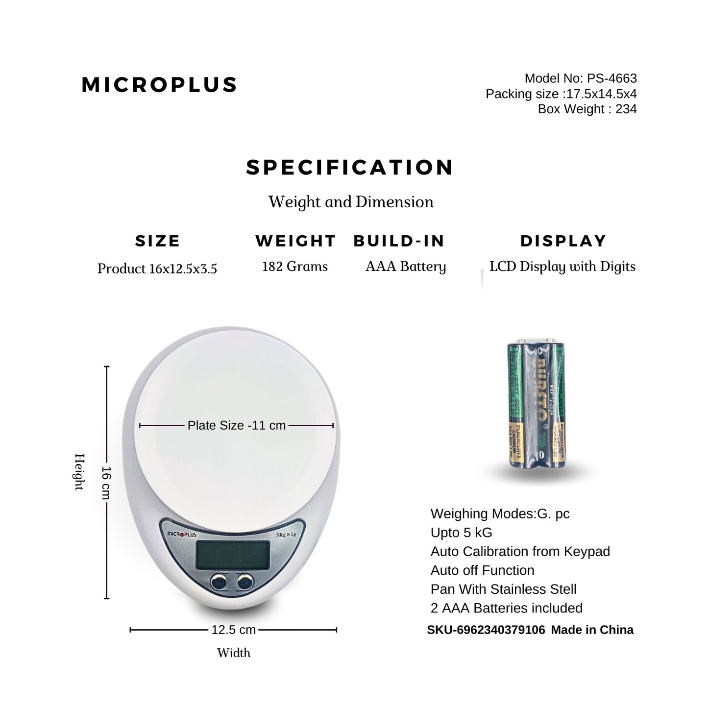 MICROPLUS Digital Kitchen Scale - 5KG Precision Scale PS-4663