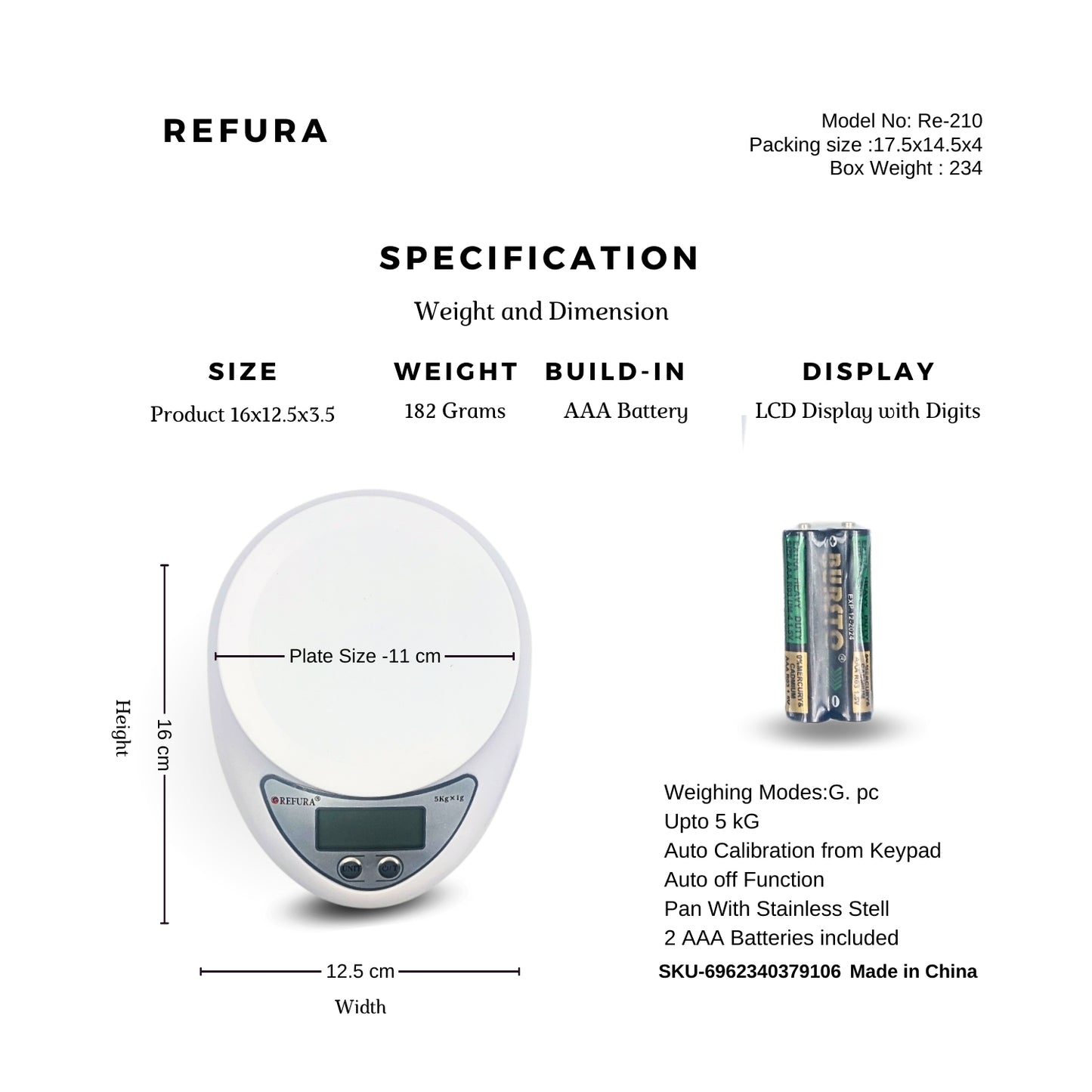 REFURA Digital Kitchen Scale - 5KG Precision Scale RE-210